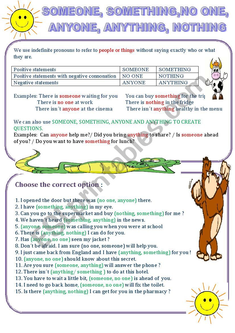 INDEFINITE PRONOUNS worksheet