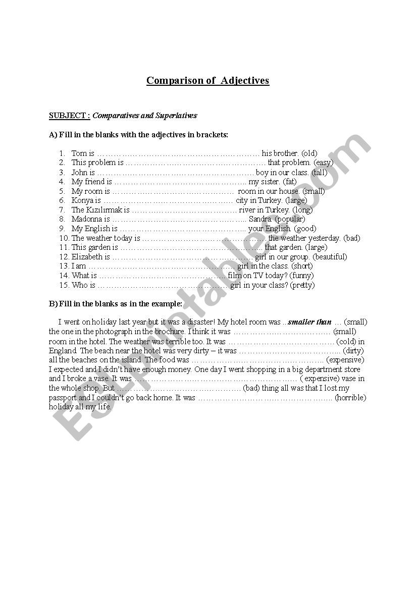 Comparison of adjectives  worksheet