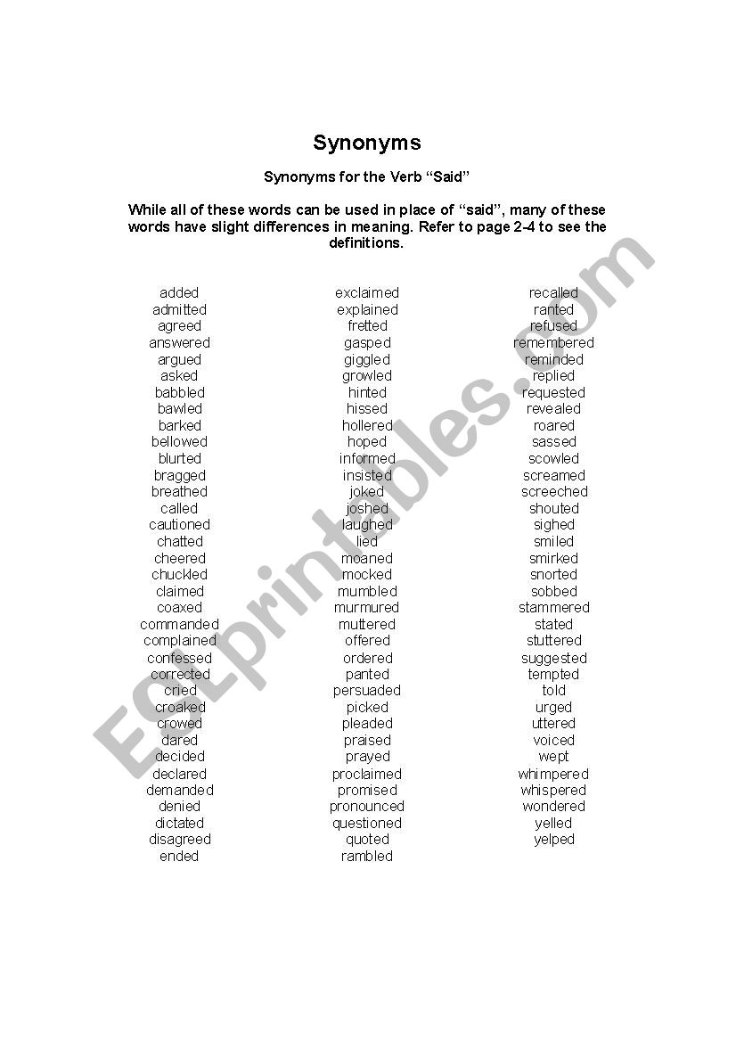 Synonyms for Said worksheet