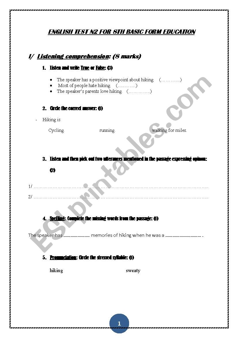 MID TERM TEST N2 FOR 8TH FORM 