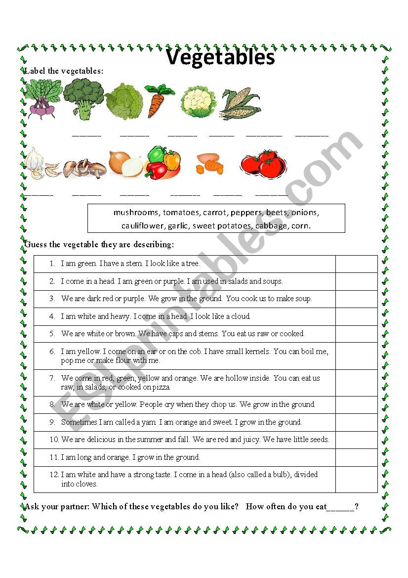 Vegetables worksheet