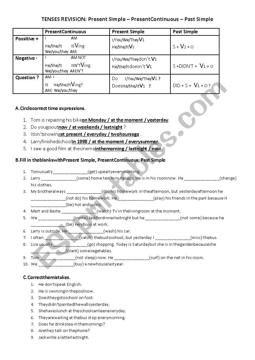 TENSE REVISION :PRESENT SIMPLE - PRESENT CONTINUOUS - PAST SIMPLE
