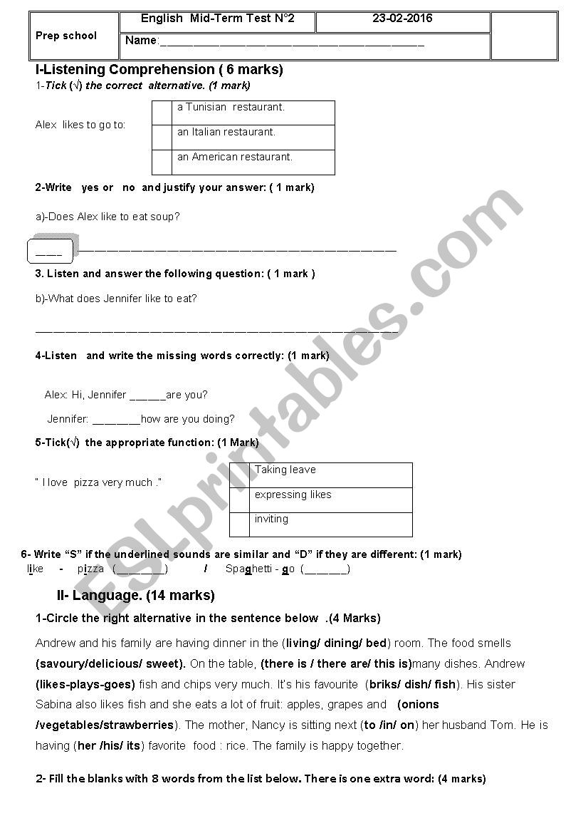 MID TERM TEST2 7th worksheet