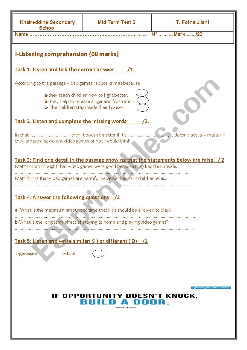 Mid Term Test 2 worksheet