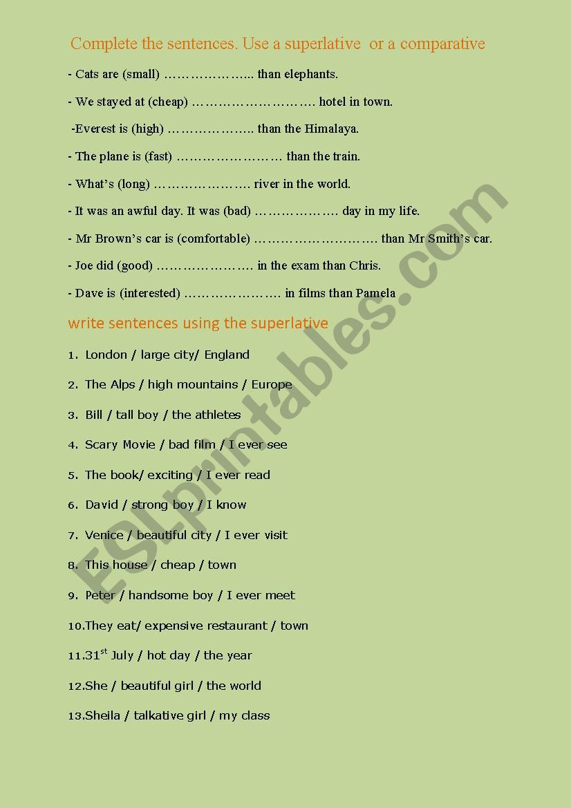 comparative or superlative worksheet