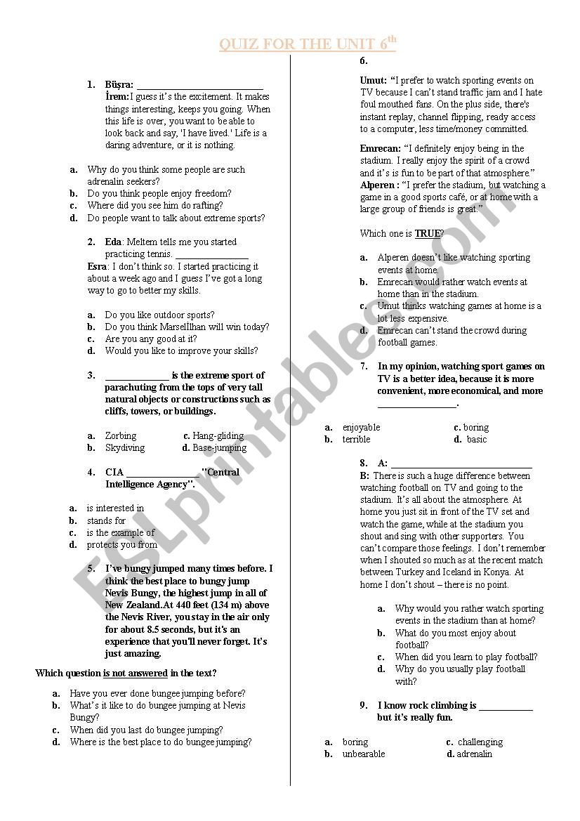  TEOG Quiz 2 (Unit 6 