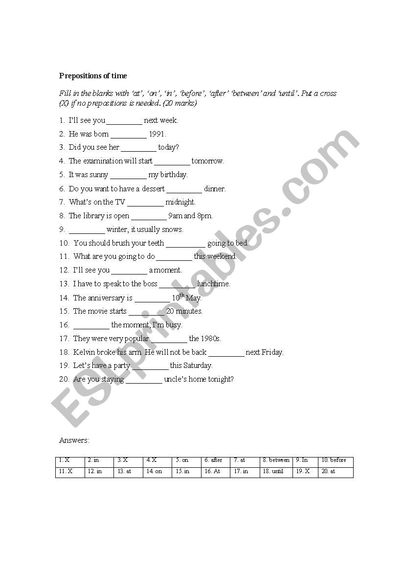 Prepositions of time worksheet