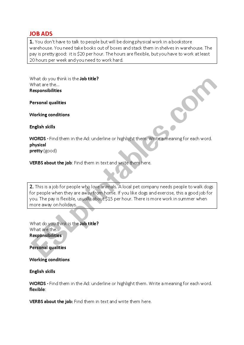 Job ads - Whats the job?  worksheet