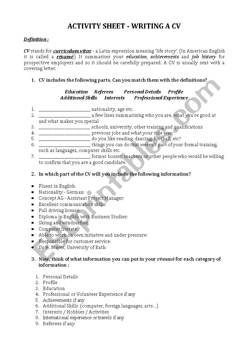 Writing a CV worksheet