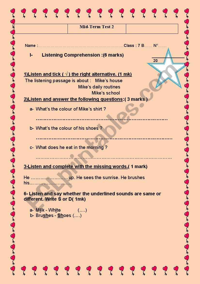  7 th Form mid - term test 2 worksheet