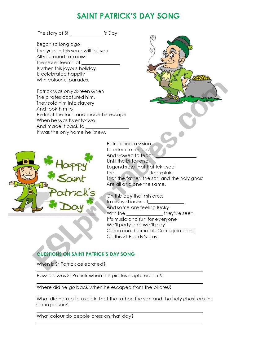 St Patricks Day song worksheet