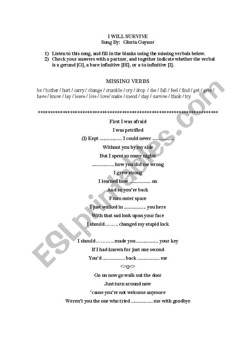Fill in the blanks (I will survive) by Gloria Gaynor