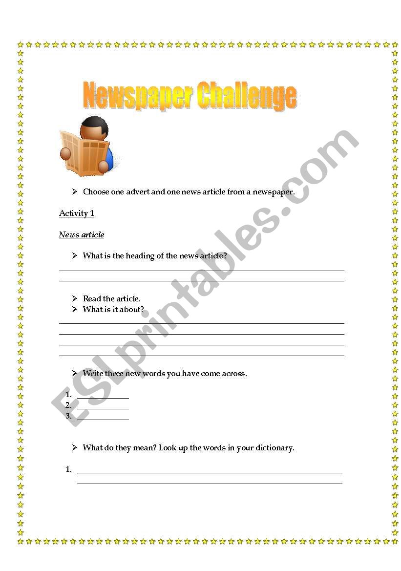 Newspaper challenge worksheet