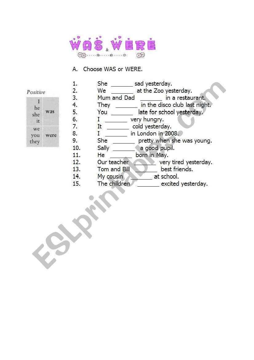 was and were worksheet