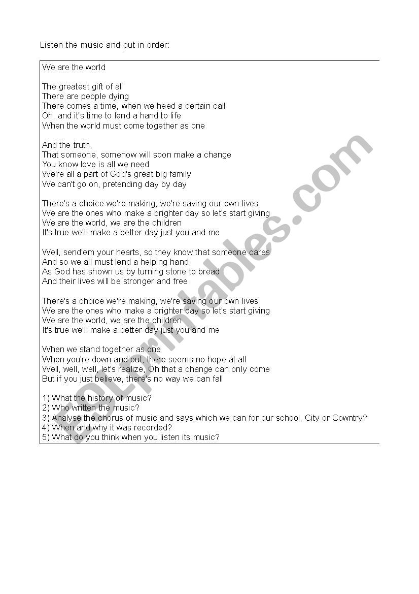 Music We are the world worksheet