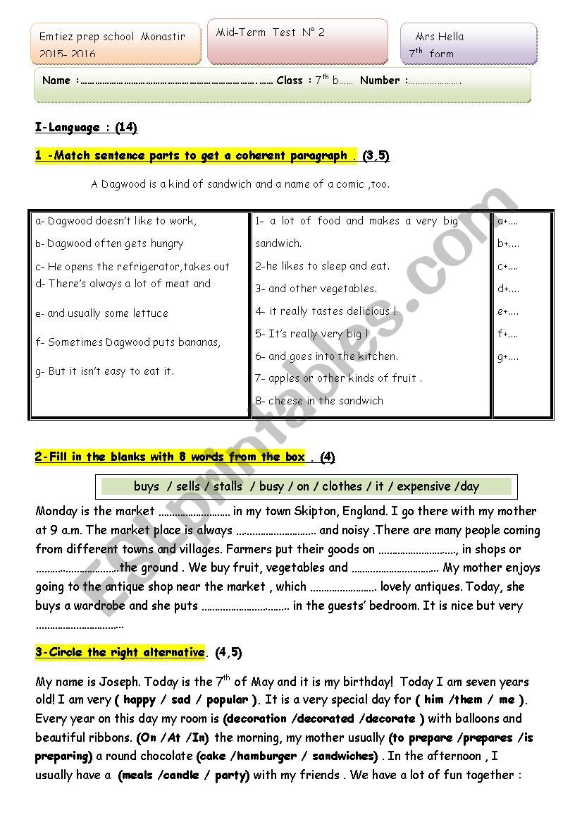 7th mid-trem test 2 worksheet