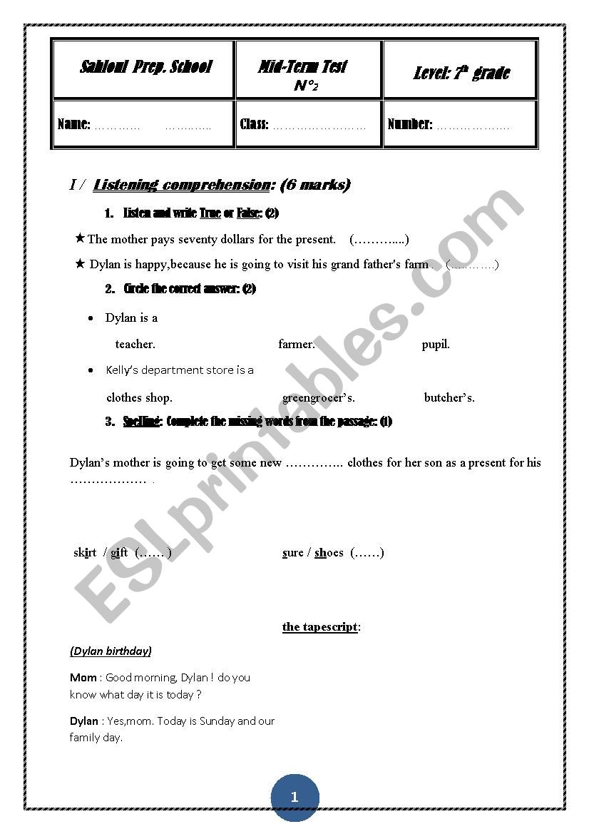 mid term test n 2 for 7th forms