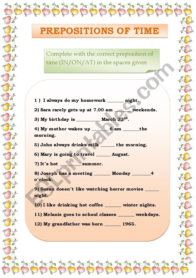 Prepositions of Time worksheet