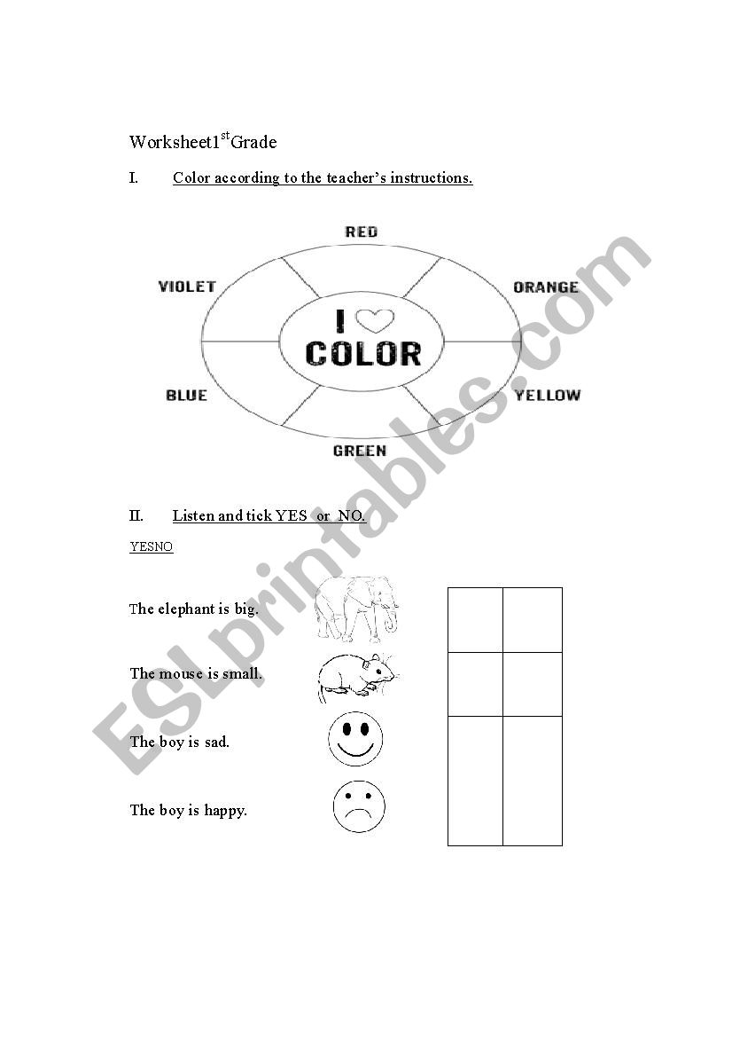 Worsheet Clothes, Colours, Prepositions of place