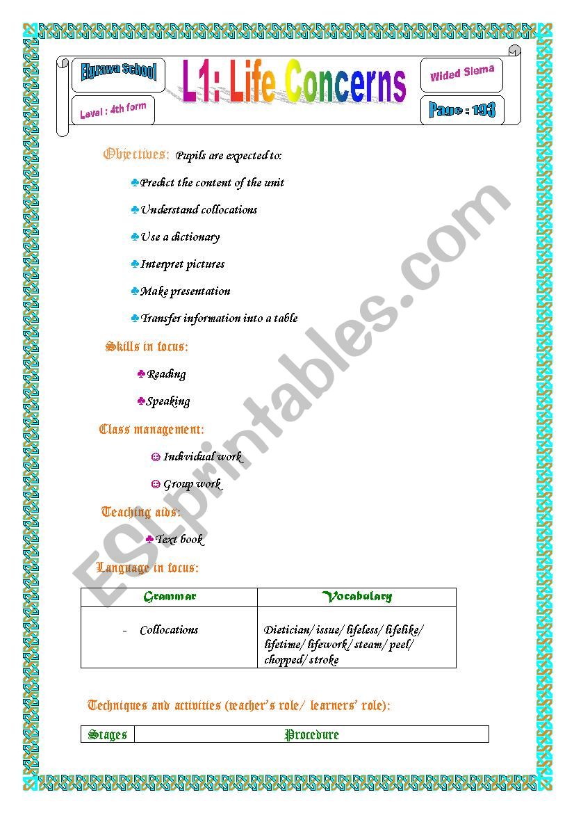 life concerns worksheet