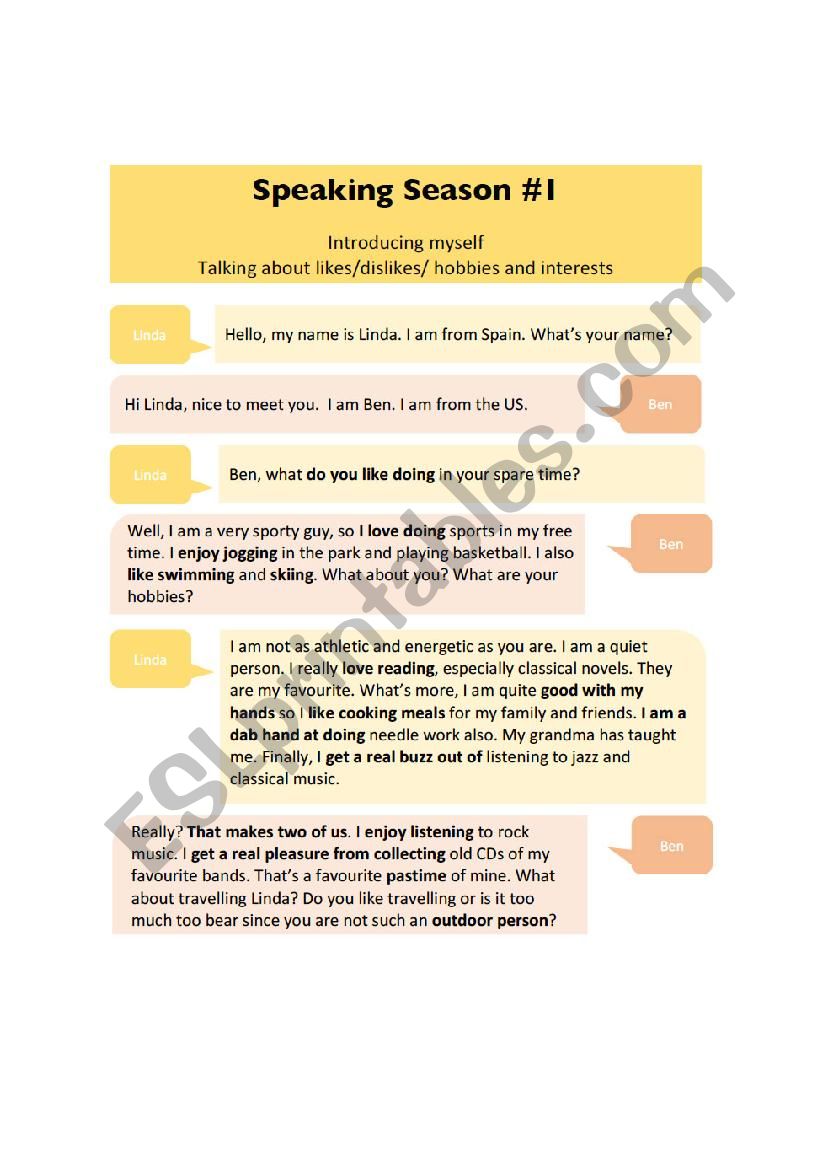 Speaking session # 1 - Introducing myself- talking about likes and dislikes