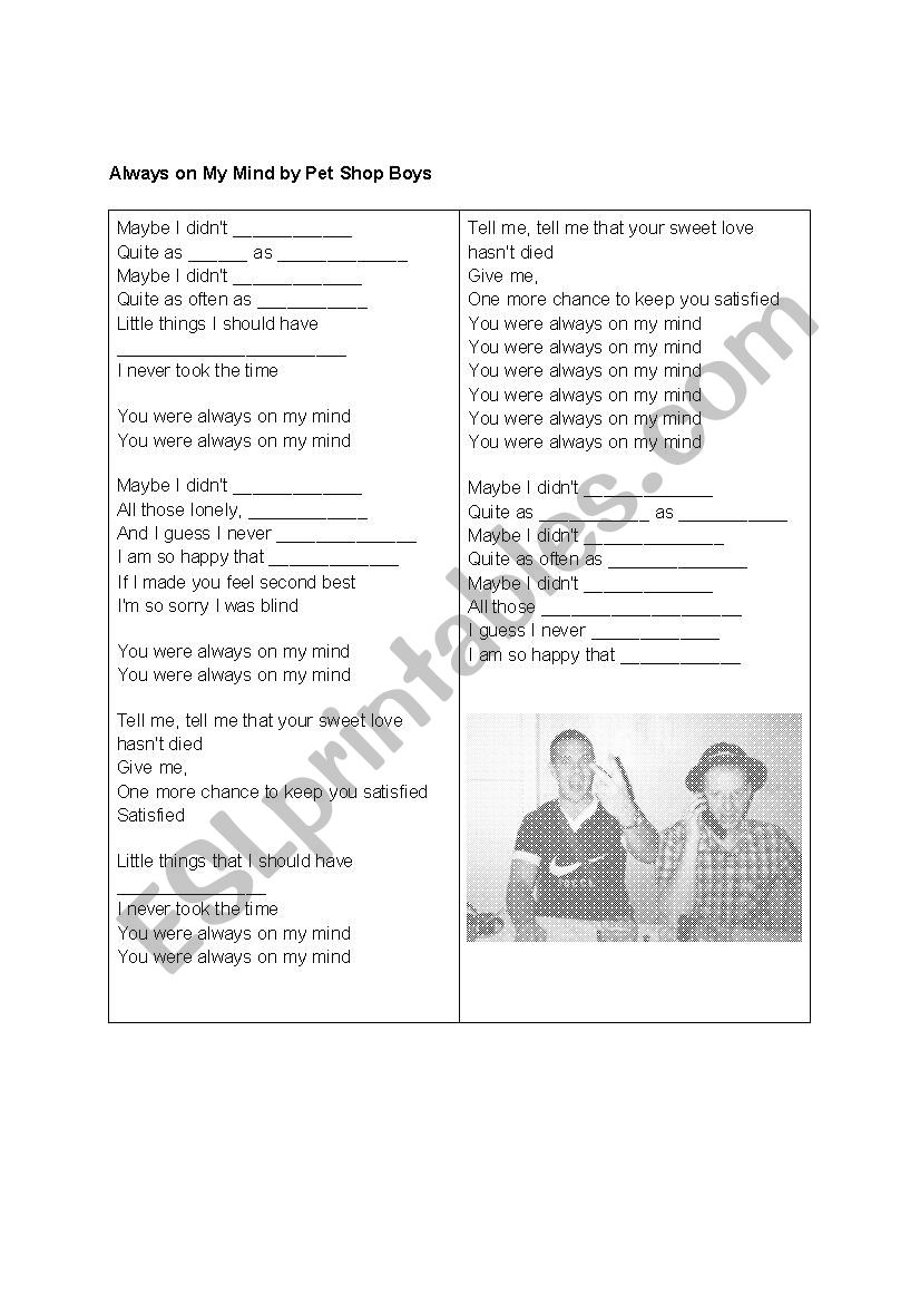 Always On My Mind By Pet Shop Boys Esl Worksheet By Michi 08 Always On My Mind By Pet Shop Boys Esl Worksheet By Michi 08