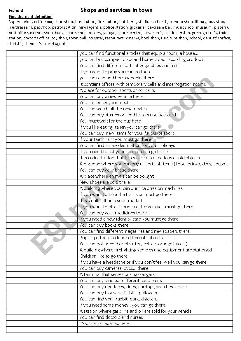 Shops and services  worksheet
