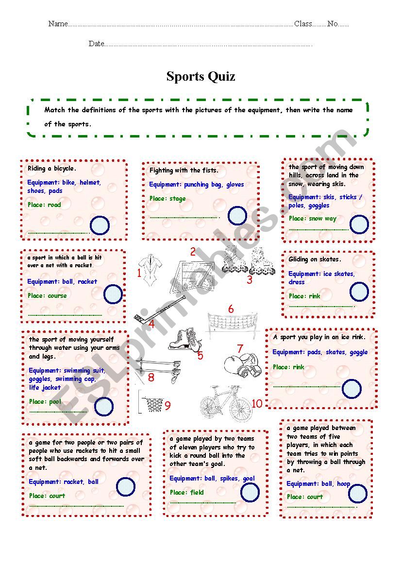 sport equipment worksheet