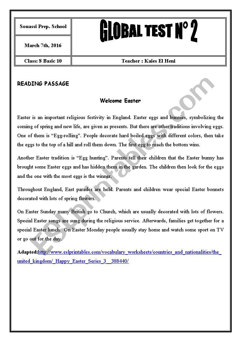 8th Form Global Test N 2 worksheet