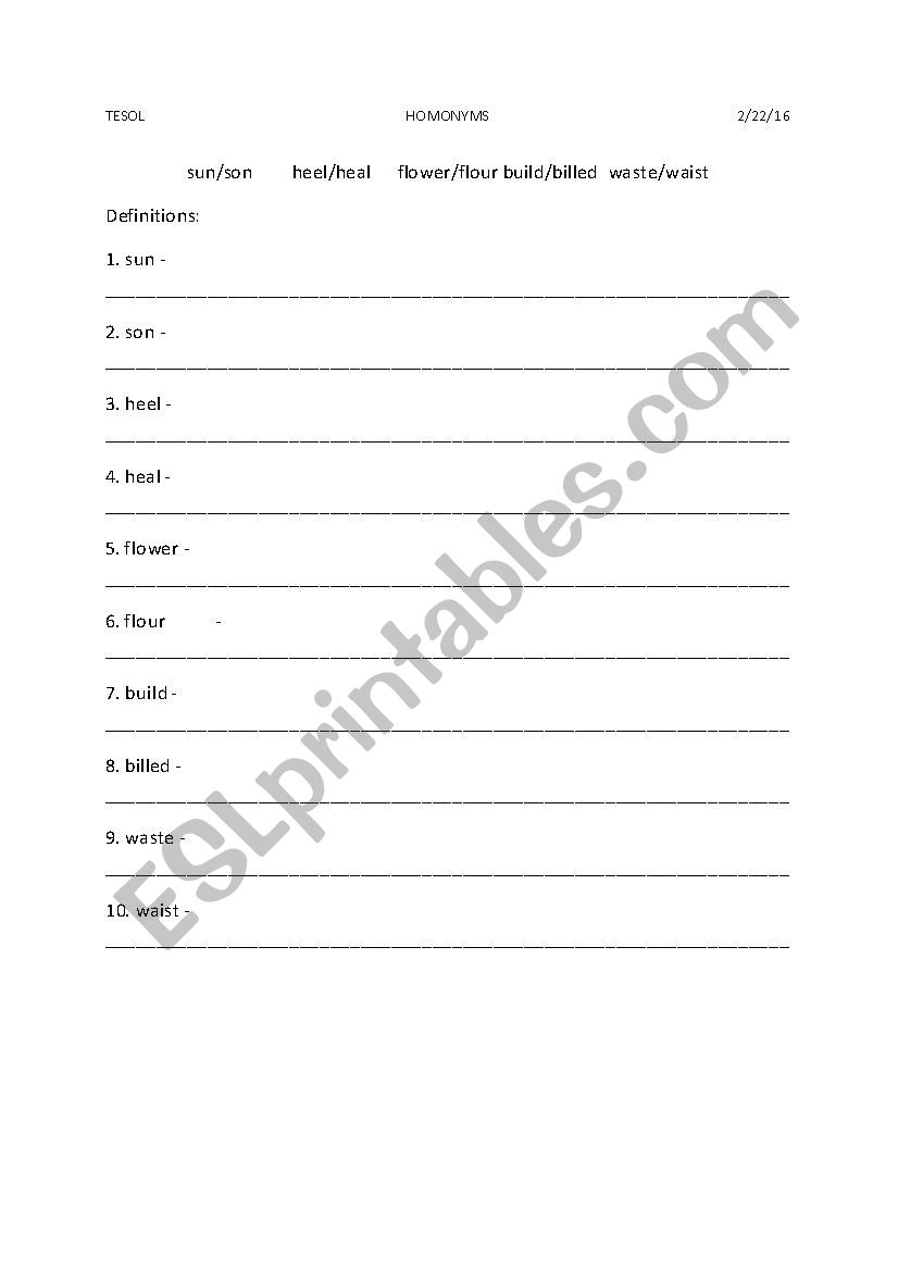 Homonyms worksheet