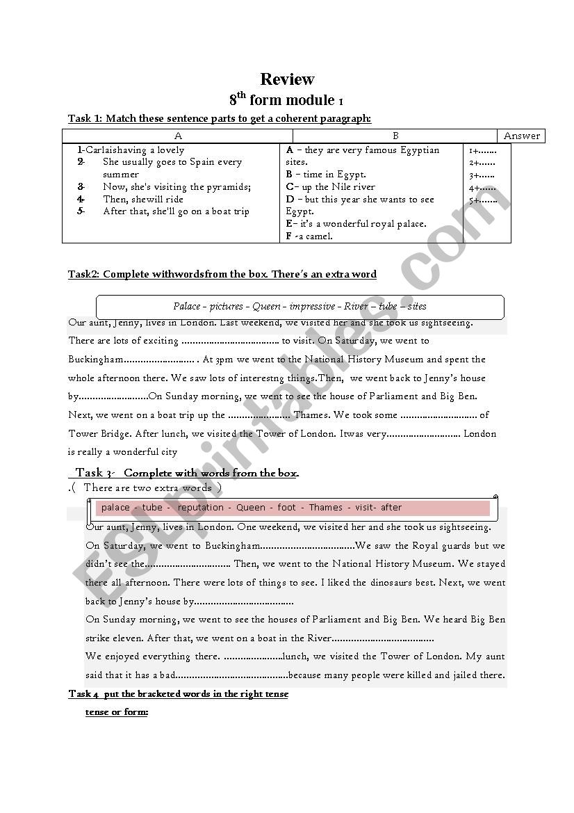 8th form review unit one  worksheet