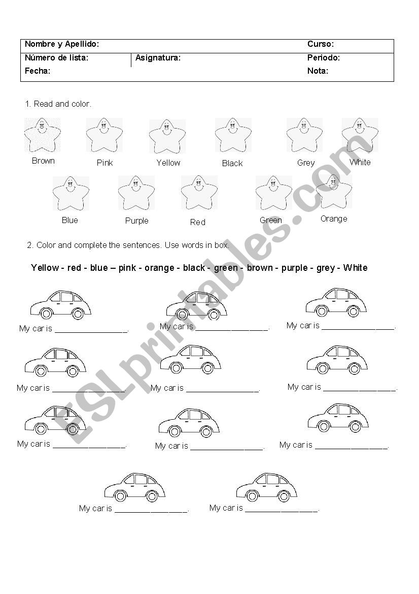 colours worksheet