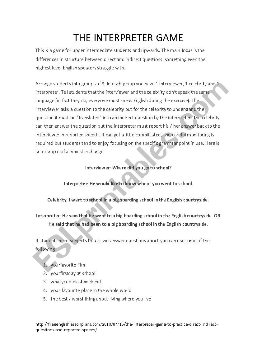 The interpreter game worksheet