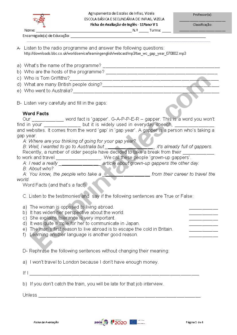 listening Gap Year worksheet