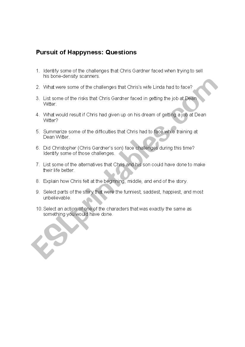 Pursuit of Happyness worksheet