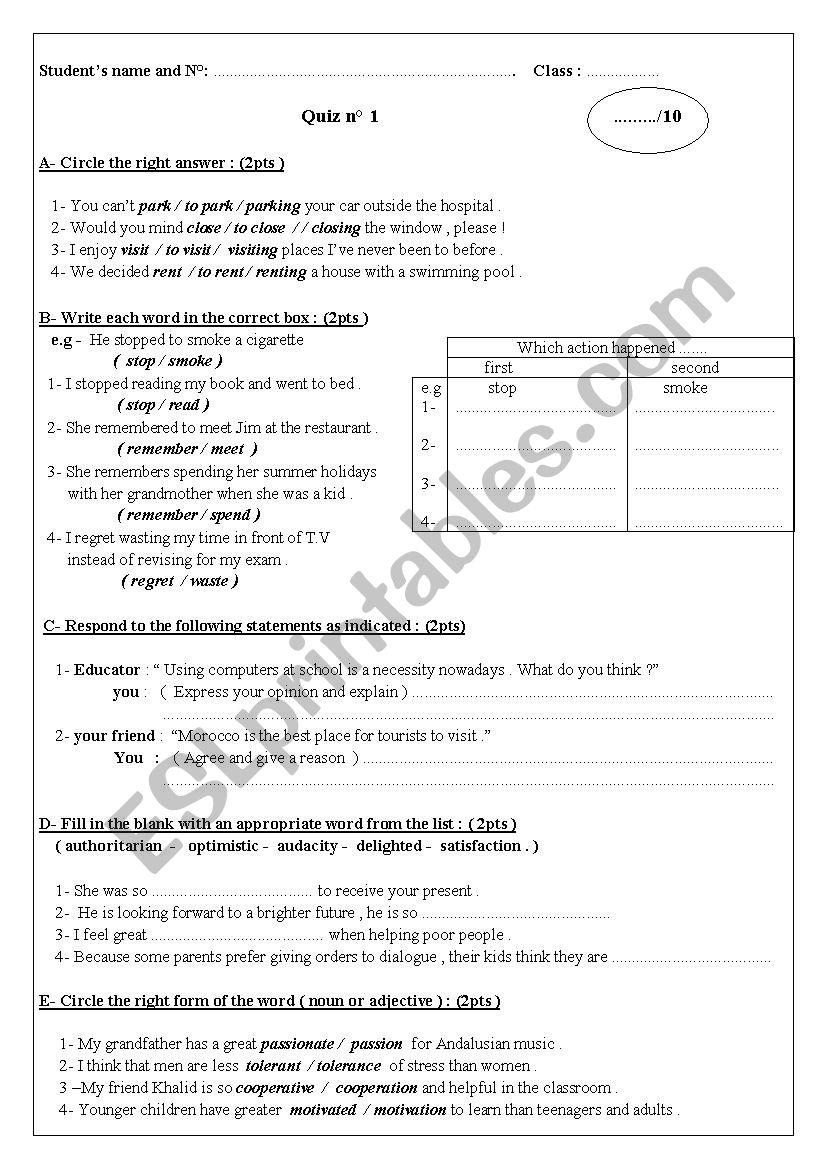 quiz 1 infinitive gerund worksheet