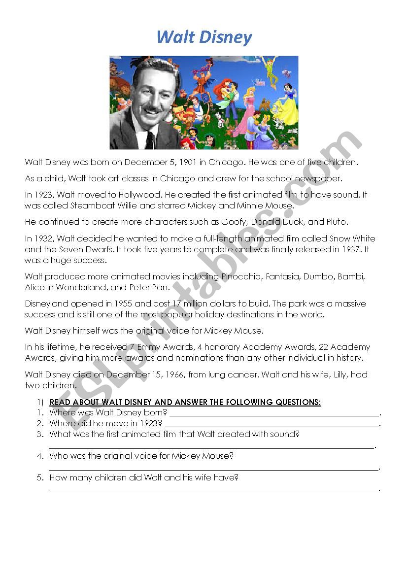 Walt Disney worksheet