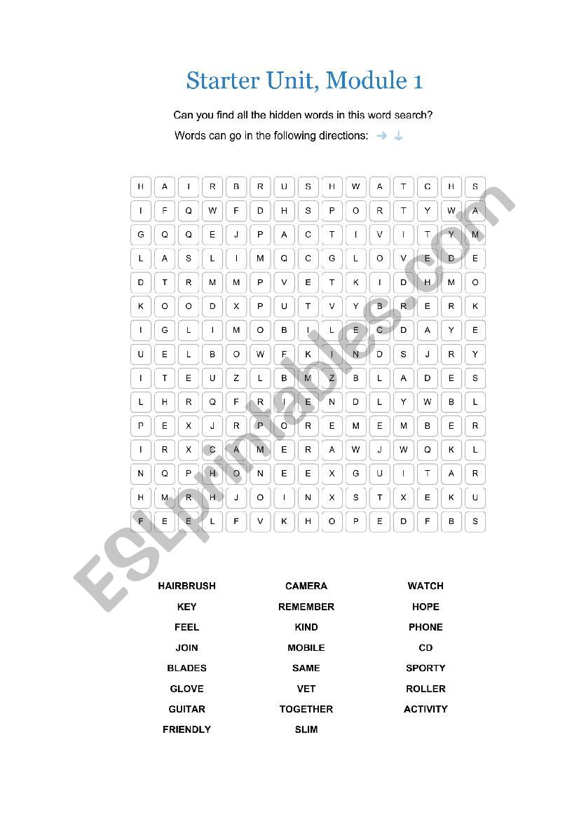 Word Search with answer key. (section 5) SPOTLIGHT 4 Starter Unit, Module 1 Unit 1