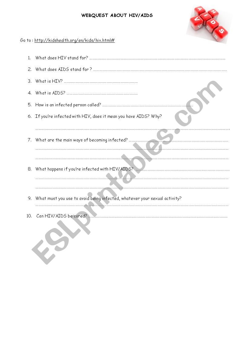 Webquest about HIV / AIDS worksheet