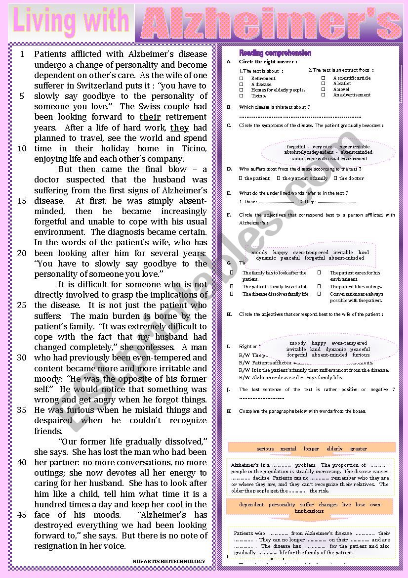 Living with Alzheimer´s. Reading Comprehension + Questions.