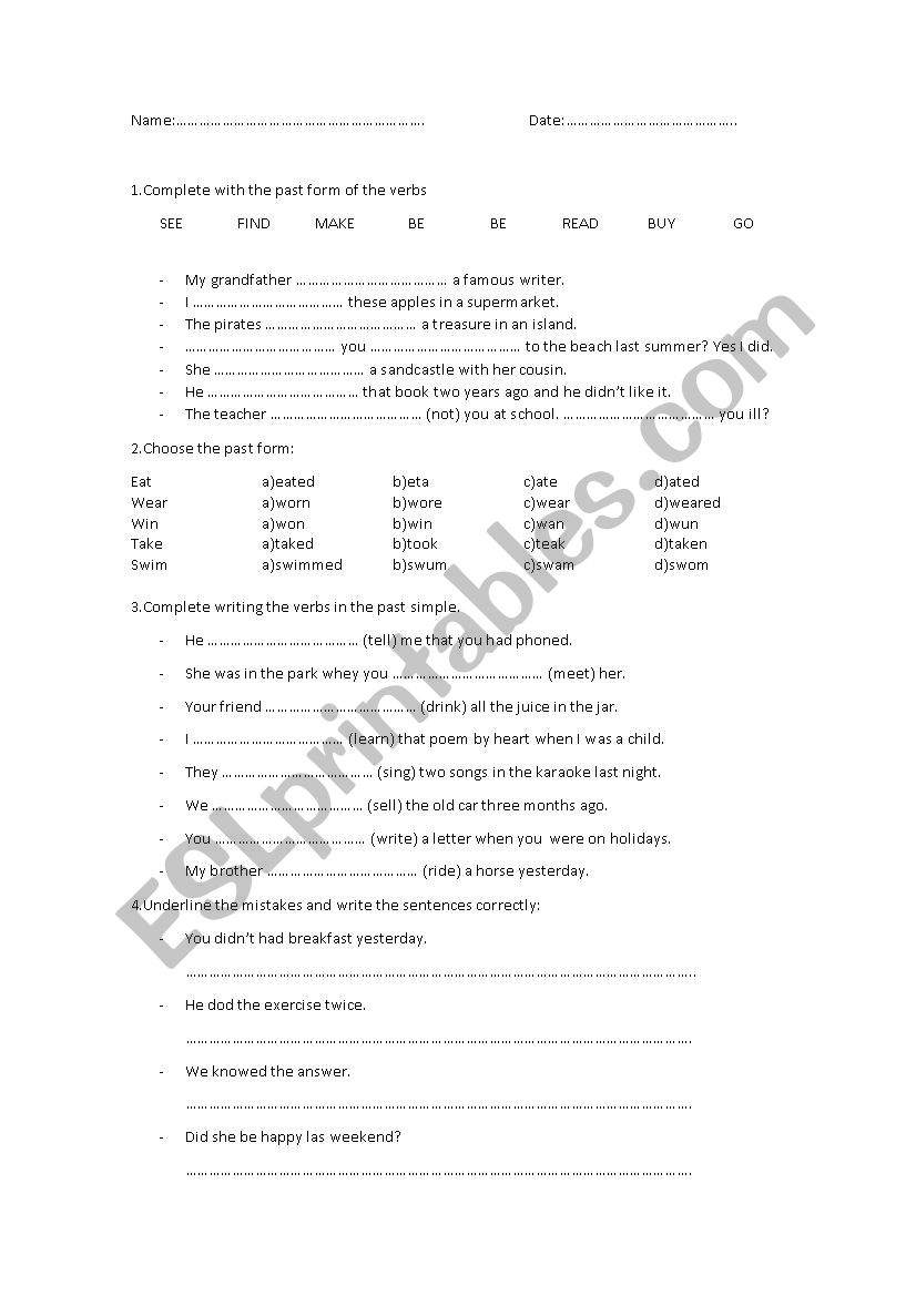 Past simple. Irregular verbs worksheet