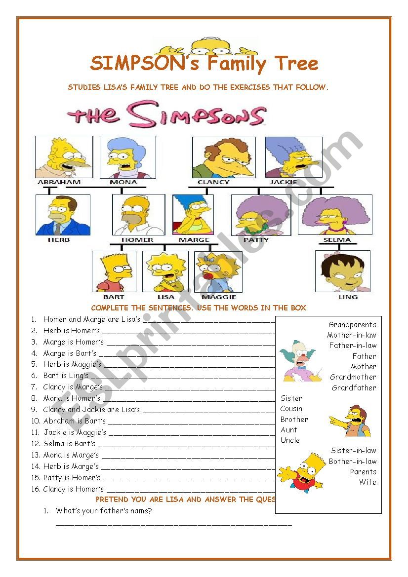 Family Tree - The Simpsons worksheet