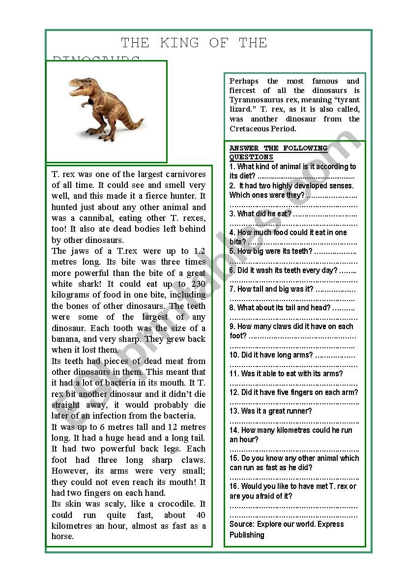 The king of the dinosaurs worksheet