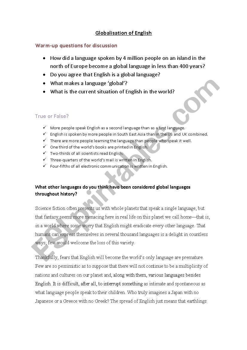 Globalisation of English worksheet