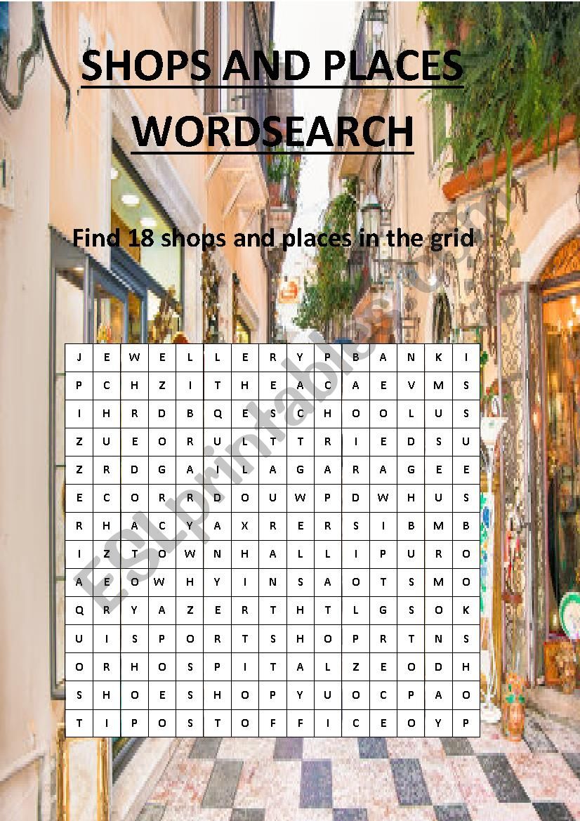 Shops and services wordsearch worksheet