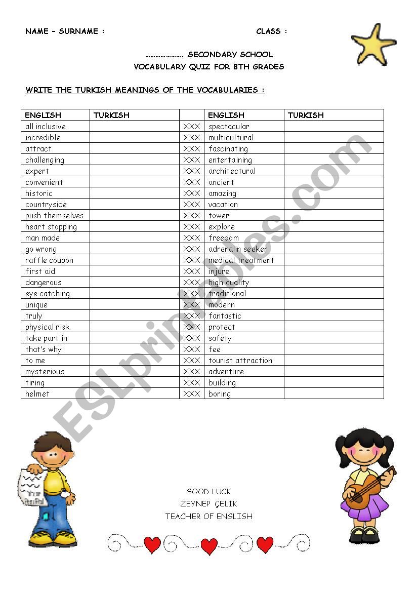 Vocabulary Exam For Elementary Students