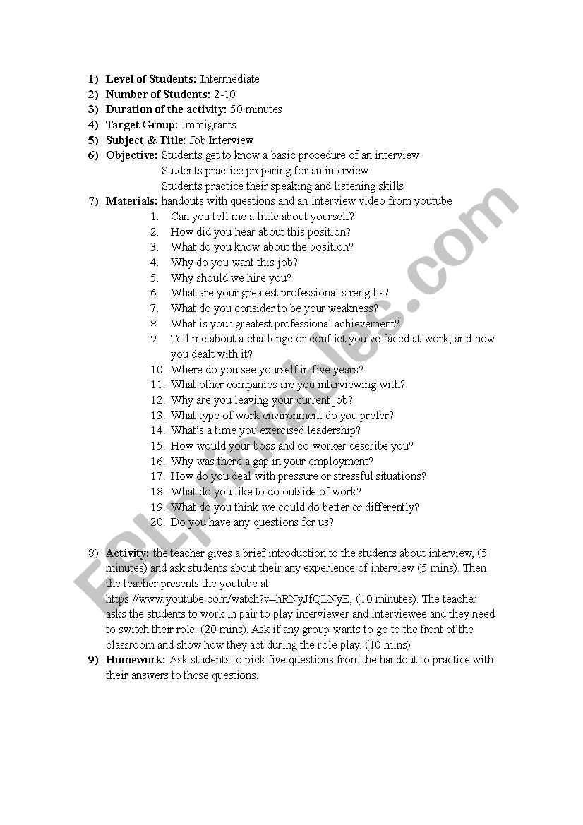 Job Interview worksheet