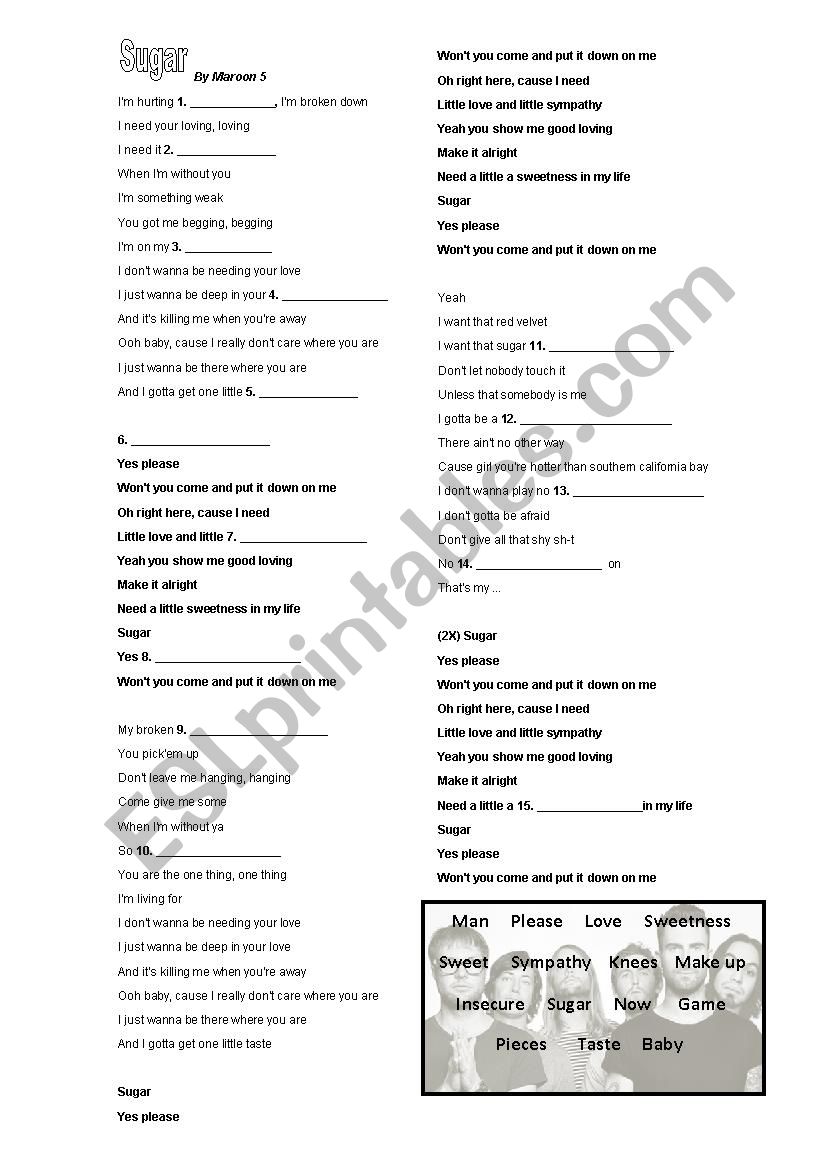 Sugar - Maroon 5 worksheet