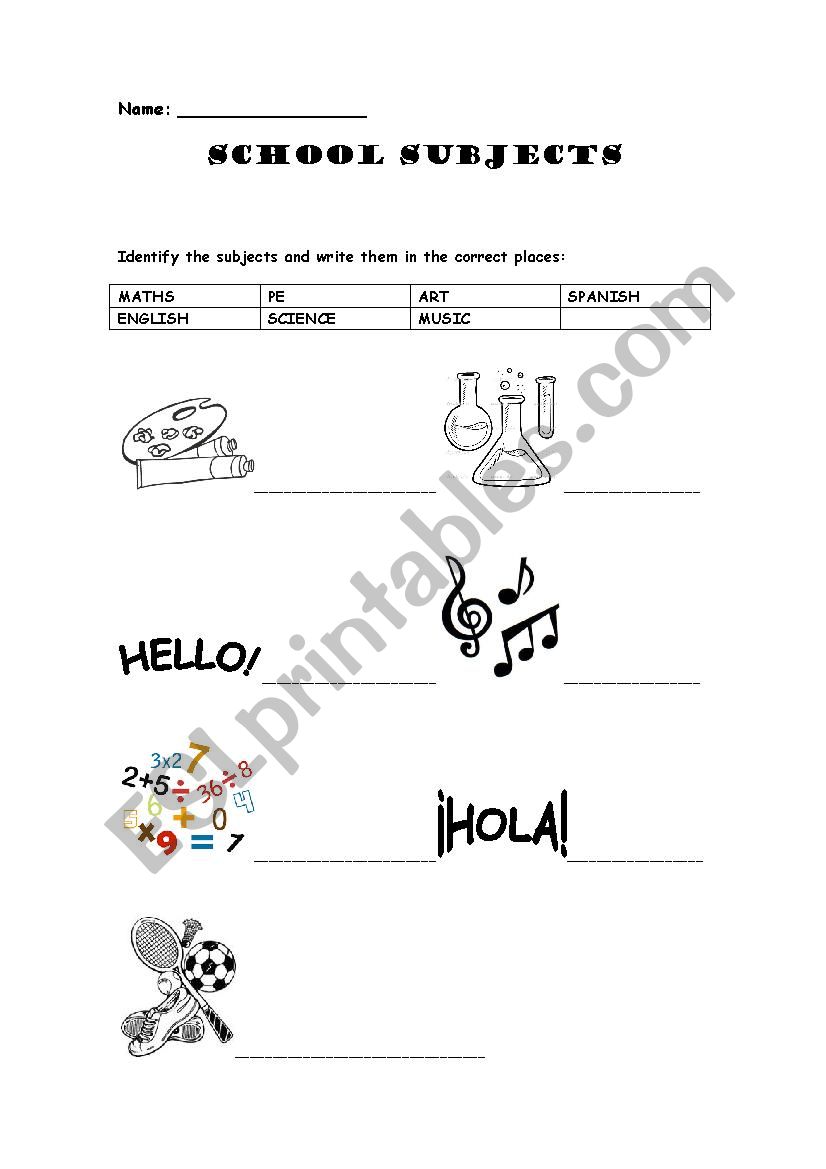 Subjects worksheet