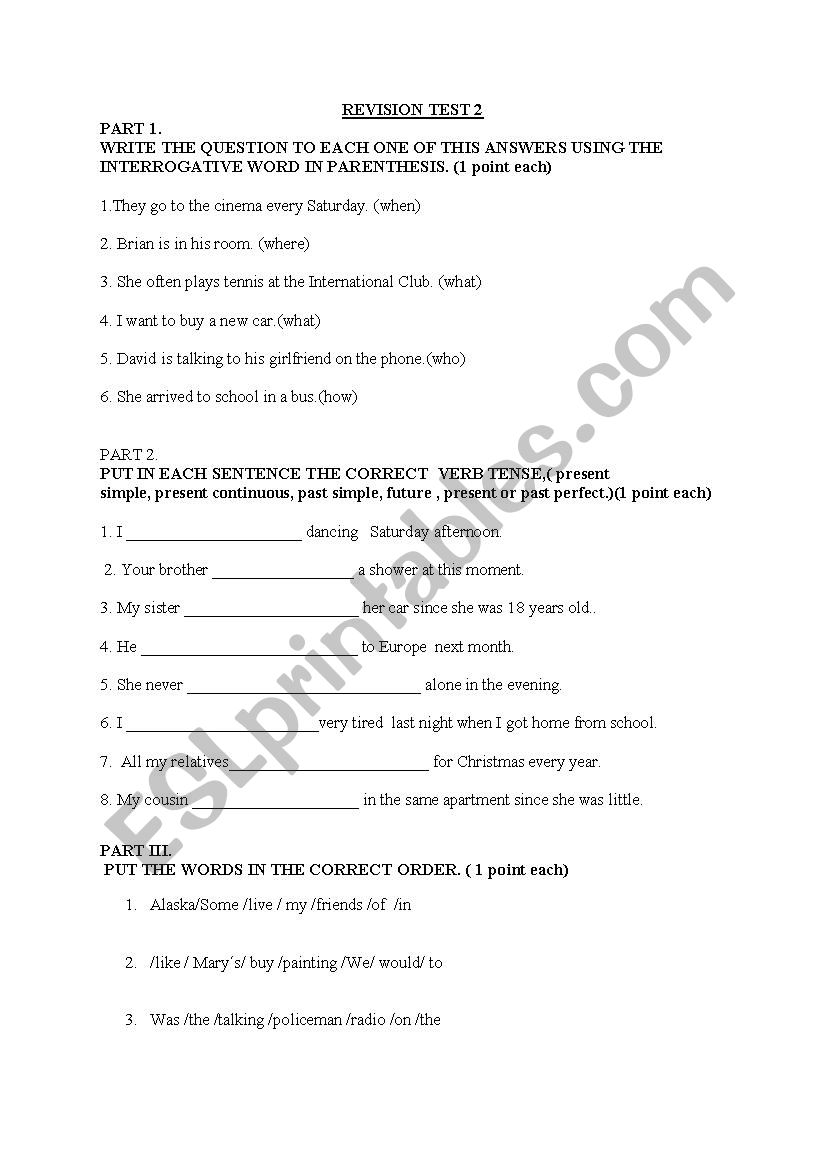 revision test worksheet